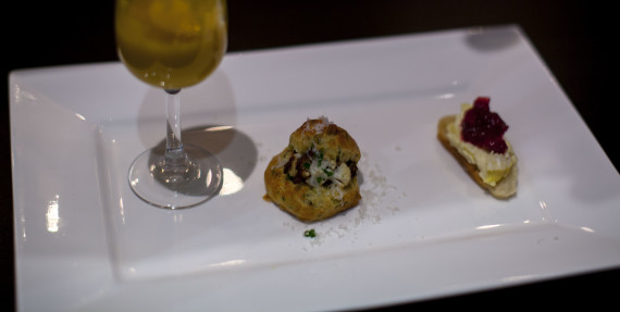 Amuse Trio: Cheese and Cranberry Compote on Toast, Butternut Squash Soup Shooter, Herb Gougeres and Roasted Cauliflower