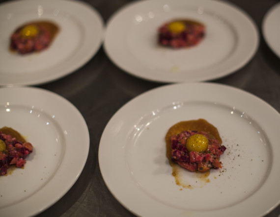 Beet and Salmon Tartare with Quail Egg and Chamomile Apple Butter